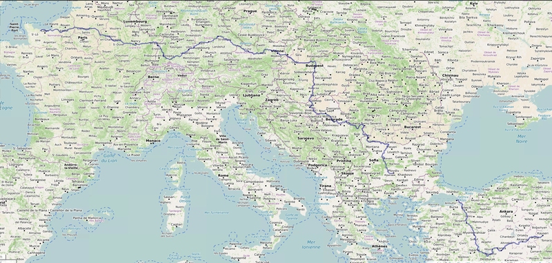 Fond de carte de l'Europe et Turquie avec un itinéraire d'ouest en Est