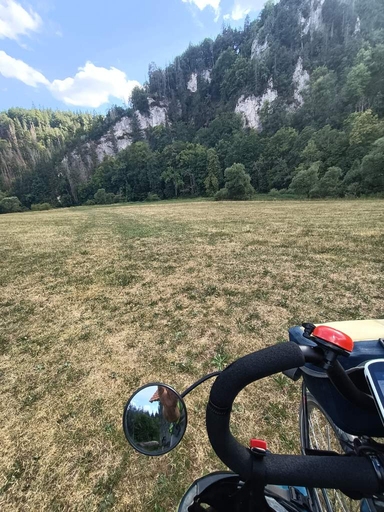 une piste cyclable au milieu d'un prés. Au loin, des falaises. Devant un bout de guidon de velo